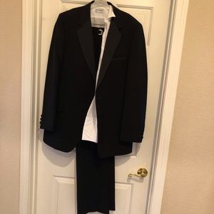 Men’s Tuxedo Set. White Tuxedo Shirt, Black Trousers, and Black Tuxedo Jacket